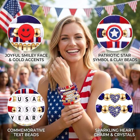 CZFDHP 8PCS 250 Anniversary USA Merchandise, 250th Anniversary USA Gifts, Patriotic Jewelry for Women Men, 4th of July Bracelets, Patriotic Bracelets Set for 4th of July Accessories in Saudi Arabia