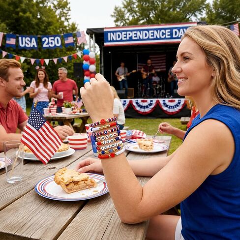 CZFDHP 8PCS 250 Anniversary USA Merchandise, 250th Anniversary USA Gifts, Patriotic Jewelry for Women Men, 4th of July Bracelets, Patriotic Bracelets Set for 4th of July Accessories in Saudi Arabia