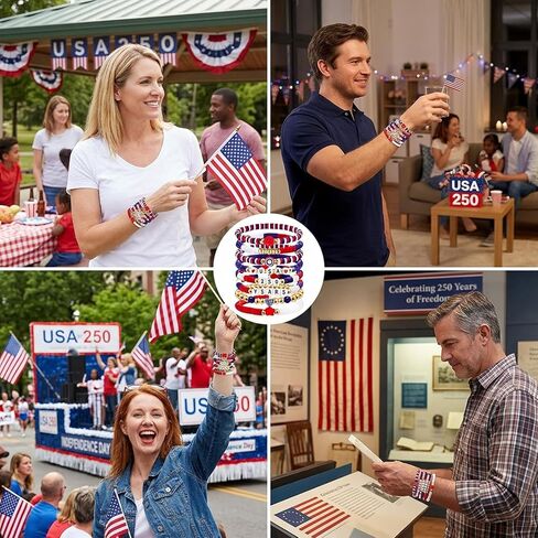 CZFDHP 8PCS 250 Anniversary USA Merchandise, 250th Anniversary USA Gifts, Patriotic Jewelry for Women Men, 4th of July Bracelets, Patriotic Bracelets Set for 4th of July Accessories in Saudi Arabia
