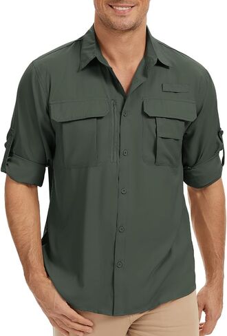 Men's Safari Shirt Long Sleeve Fishing UPF 50 Sun Protection Quick Dry Breathable Shirts for Travel Hiking Camping Work in Saudi Arabia