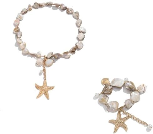 RTY Gold Starfish Sea Shell Conch Pendant Necklace and Earrings Bracelet Set Oversized Shells Conch Sea Star Necklace Chunky Conch Stud Earrings Summer Beach Trendy Stuff in Saudi Arabia