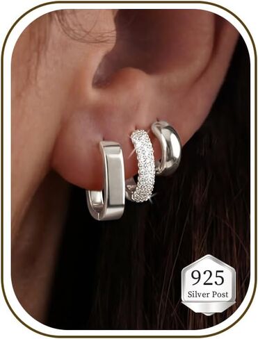 BMMYE 3 Pairs 14K Gold Plated Hoop Earrings S925 Chunky Small Hoops Pack Trendy Square Huggie Earrings for Women Cute CZ Earring Stacks Nickel Free Earring Set for Sensitive Ears in Saudi Arabia