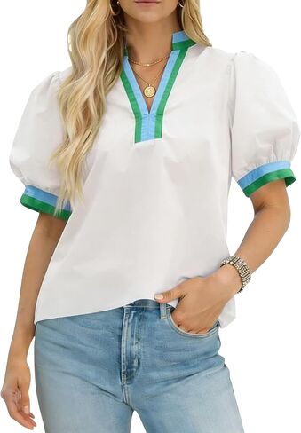 Huaqiao Womens Color Block Puff Short Sleeve Tee Shirt V Neck Cotton Tops Loose Fit Summer Blouses in Saudi Arabia