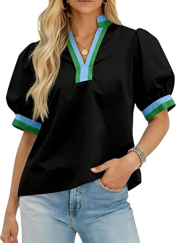 Huaqiao Womens Color Block Puff Short Sleeve Tee Shirt V Neck Cotton Tops Loose Fit Summer Blouses in Saudi Arabia
