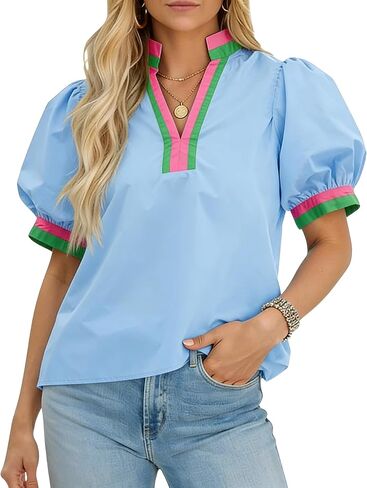 Huaqiao Womens Color Block Puff Short Sleeve Tee Shirt V Neck Cotton Tops Loose Fit Summer Blouses in Saudi Arabia