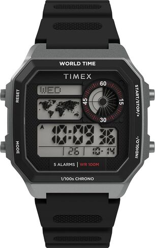 ساعة Timex للرجال World Time Digital 40mm - حافظة رقمية باللون الأسود مكونة من قطعتين باللون الفضي in Kuwait