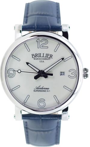 Brillier Men's 42 mm Automatic Dress Watch, Airborne X1, 660 ft WR, Easy to Read White DIAL(Green Glow in Dark), Blue Leather Strap ARBN42GR3 in Saudi Arabia