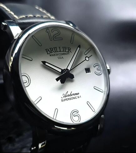Brillier Men's 42 mm Automatic Dress Watch, Airborne X1, 660 ft WR, Easy to Read White DIAL(Green Glow in Dark), Blue Leather Strap ARBN42GR3 in Saudi Arabia