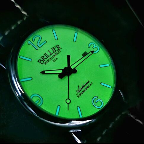 Brillier Men's 42 mm Automatic Dress Watch, Airborne X1, 660 ft WR, Easy to Read White DIAL(Green Glow in Dark), Blue Leather Strap ARBN42GR3 in Saudi Arabia