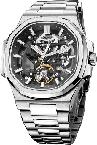 ROCOSJEWE Classic Luxury Blue Dress Watch for Men, Automatic Mechanical Wristwatch, Water-Resistant, Date Display, Luminous Skeleton Dial, Stainless Steel Bracelet, Gift for Men R0139 in Kuwait