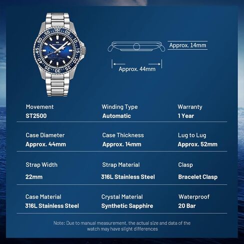SEA-Gull Men’s Mechanical Watches, Ocean Series Dive Watch, ST2500 Movement, Automatic Winding, Luminous, Sapphire Crystal, 20 Bar Water Resistance, 1083, Blue in Saudi Arabia