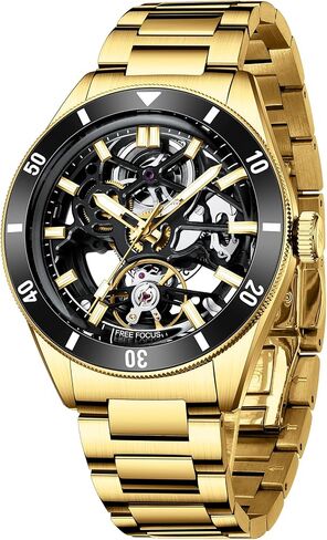Free Focus Unique Men Watches,Automatic Mechanical Watch,Luxury Skeleton Tonneau Watches for Men with Stainless Steel Case and Black Silicon Band (Rubies Movement/5ATM Waterproof/Super_Luminous) in Saudi Arabia