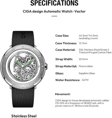 CIGA Design Skeleton Automatic Watch · Vector, 44MM Round Steel Case, Racing-Themed Design, Back-to-Front Skeleton, Super Luminova, Fluororubber Strap, Sapphire Glass Gifts for Men and Women in Saudi Arabia