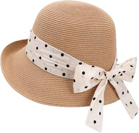 Women's French Sun-Hats UV-Protection Straw-Bowler-Hat Rolled-Narrow-Brim Polka-Dot-Bowknot Summer Travel Beach in Kuwait