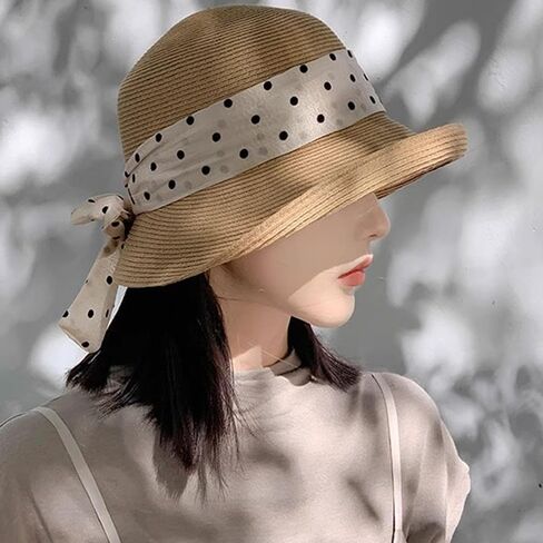 Women's French Sun-Hats UV-Protection Straw-Bowler-Hat Rolled-Narrow-Brim Polka-Dot-Bowknot Summer Travel Beach in Kuwait