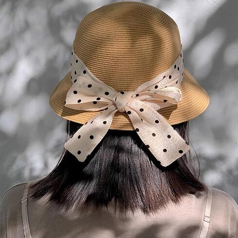 Women's French Sun-Hats UV-Protection Straw-Bowler-Hat Rolled-Narrow-Brim Polka-Dot-Bowknot Summer Travel Beach in Kuwait