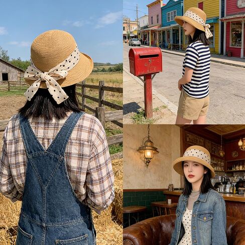 Women's French Sun-Hats UV-Protection Straw-Bowler-Hat Rolled-Narrow-Brim Polka-Dot-Bowknot Summer Travel Beach in Kuwait