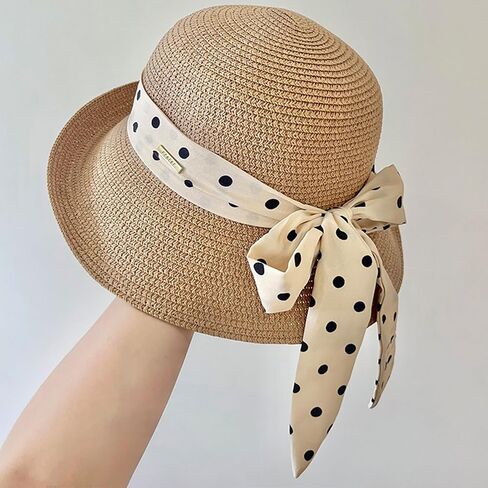 Women's French Sun-Hats UV-Protection Straw-Bowler-Hat Rolled-Narrow-Brim Polka-Dot-Bowknot Summer Travel Beach in Kuwait