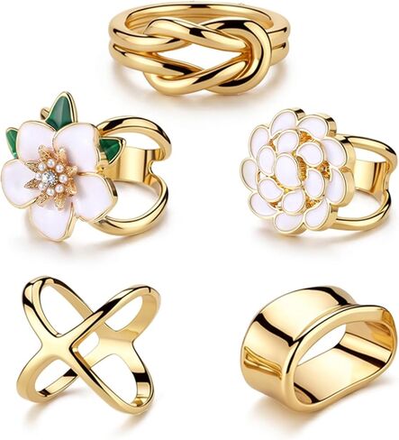 5 Sets Golden Silk Scarf Ring, X-Shape Knotted Flower Gardenia Square Shape Designs, Silk Scarves Ring Slide Clips Square Scarves Buckles Shawls Dress Clothing Accessories Jewelry for Mother in Saudi Arabia