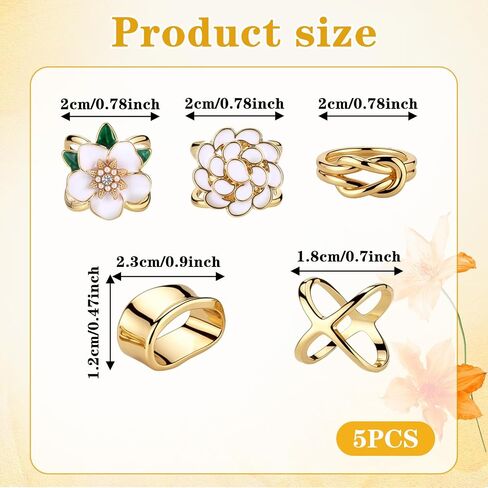 5 Sets Golden Silk Scarf Ring, X-Shape Knotted Flower Gardenia Square Shape Designs, Silk Scarves Ring Slide Clips Square Scarves Buckles Shawls Dress Clothing Accessories Jewelry for Mother in Saudi Arabia