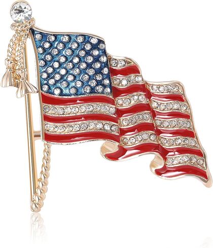 Enamel Rhinestone American Flag Brooch Pin For Women Men Patriotic Wavy Flag Lapel Badge Red Blue White Statement Clothing Accessory in Saudi Arabia