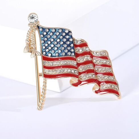 Enamel Rhinestone American Flag Brooch Pin For Women Men Patriotic Wavy Flag Lapel Badge Red Blue White Statement Clothing Accessory in Saudi Arabia