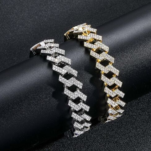 Solid Gold over S925 Sterling Silver 15mm Rhombus Link Moissanite Bracelet, Structural Cuban Chain Design, Distinctive Gift for Husband and Father in Saudi Arabia