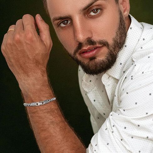 سوار سلسلة بيزنطية من الفولاذ المقاوم للصدأ للرجال من HZMAN، سوار مجدول بنمط عتيق عتيق مع مشبك ضغط آمن منقوش، طول 8.74 بوصة (22.2 سم) in Kuwait