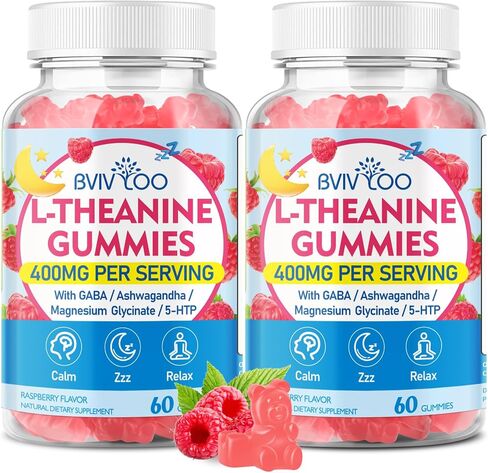 L-Theanine Gummies with L-Theanine 400 mg, Ashwagandha, GABA, 5-HTP, Magnesium Glycinate for Calm, ZZZ & Relaxation Support - Vegan, Raspberry Flavor, 60 Count in Saudi Arabia