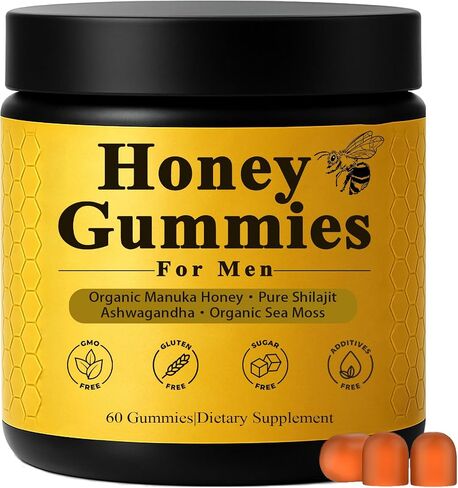 Honey Gummies for Men, Vitality Booster Manuka Honey Gummies, with Shilajit, Ashwagandha, Sea Moss, Improves Endurance, Lowers Cortisol, Reduces Fatigue, Vegan, Non-GMO (60 Gummies) (1) in Saudi Arabia