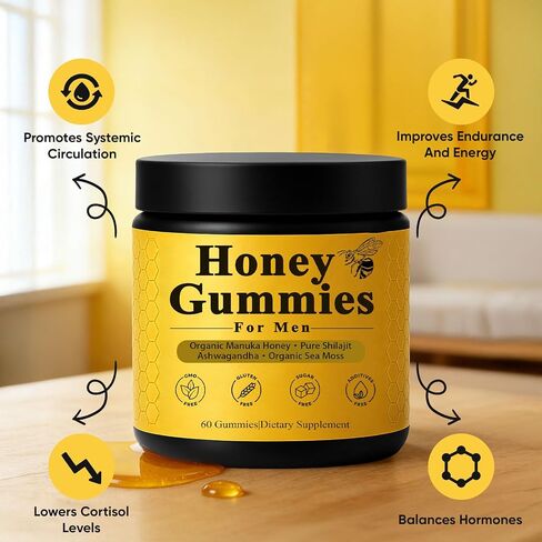 Honey Gummies for Men, Vitality Booster Manuka Honey Gummies, with Shilajit, Ashwagandha, Sea Moss, Improves Endurance, Lowers Cortisol, Reduces Fatigue, Vegan, Non-GMO (60 Gummies) (1) in Saudi Arabia