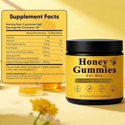 Honey Gummies for Men, Vitality Booster Manuka Honey Gummies, with Shilajit, Ashwagandha, Sea Moss, Improves Endurance, Lowers Cortisol, Reduces Fatigue, Vegan, Non-GMO (60 Gummies) (1) in Saudi Arabia