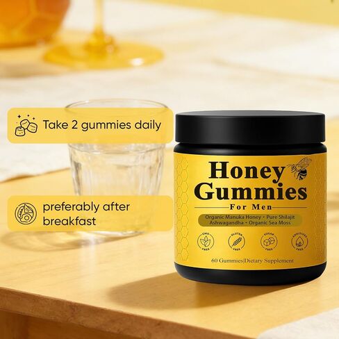 Honey Gummies for Men, Vitality Booster Manuka Honey Gummies, with Shilajit, Ashwagandha, Sea Moss, Improves Endurance, Lowers Cortisol, Reduces Fatigue, Vegan, Non-GMO (60 Gummies) (1) in Saudi Arabia