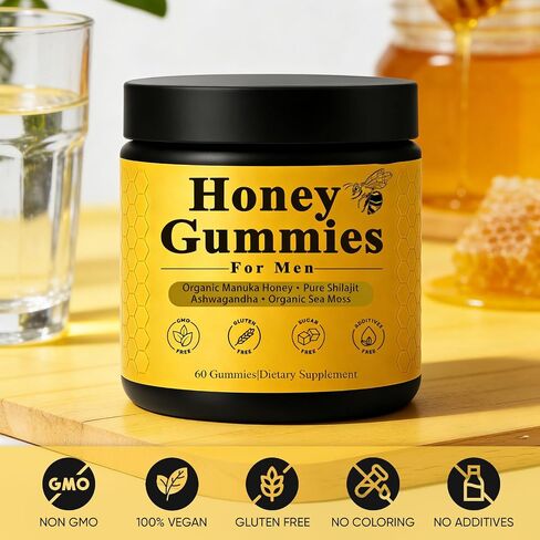 Honey Gummies for Men, Vitality Booster Manuka Honey Gummies, with Shilajit, Ashwagandha, Sea Moss, Improves Endurance, Lowers Cortisol, Reduces Fatigue, Vegan, Non-GMO (60 Gummies) (1) in Saudi Arabia