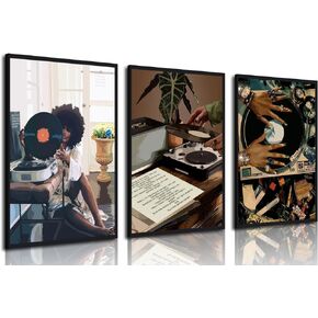 3Pcs Black Woman Art Poster African American Women Canvas Wall Art Funky Black Girl Record Music Posters prints for Modern Black Woman Bedroom Home Decoration 12x16in Unframed in Kuwait