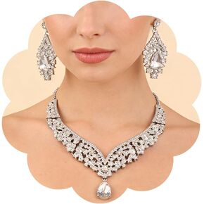 Crystal Necklace Earrings Sets for Women Teardrop Rhinestone Costume Accessories Statement Wedding Prom Jewelry Set in Saudi Arabia