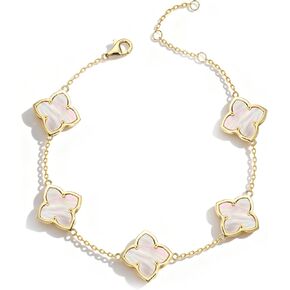 925 Sterling Silver Gold Bracelets for Women, 14k Gold Clover Flower Four Leaf Bracelet Mother of Pearl Shell Charm Trendy Dainty Chunky Chain Bracelet Statement Adjustable Jwelry Lucky Gifts for Women in Saudi Arabia
