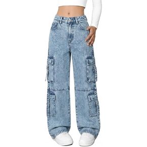 Girls Baggy Cargo Jeans, Y2K Straight Leg Denim Pants for 8-16, Elastic Waist Multi-Pocket Streetwear Trousers in Kuwait