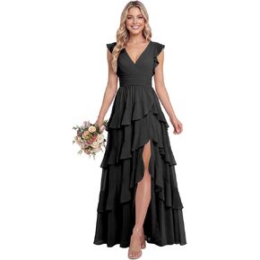 Tiered Chiffon V Neck Bridesmaid Dress Asymmetrical Slit Flutter Sleeve Ruched Wedding Guest Dress for Women L01031 in Saudi Arabia