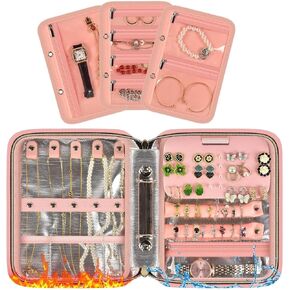 Fire-Resistant Travel Jewelry Organizer Case for Women, Anti-Tangle Jewelry Storage Binder with 3 Removable Clear Pages, Large Jewelry Bag for Necklaces Earrings Rings Bracelets Watches, Pink in Saudi Arabia