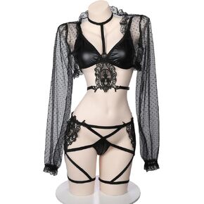 Sexy 3-Piece Lingerie Set – Tempting Roleplay Outfit with Lace Jacket & Tie-Up Bikini for Cosplay, One Size Fits Up to S-M, Please Refer to Size Chart in Kuwait
