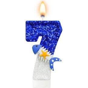 Mauin Ocean-Themed Number Candles, Blue and White Sparkle Birthday Candles with Fishbone and Starfish Designs, Nautical-Style Ocean-Themed Cake Decorations for Summer Beach and Pool Parties(6) in Saudi Arabia