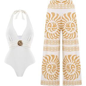 SherryDC Women's Halter Deep V Neck One Piece Swimsuit with Pants Cover Up Bathing Suit Beachwear in Saudi Arabia