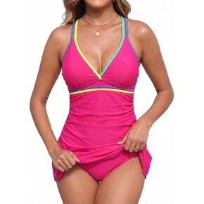 Women's Swim Dress One Piece Swimsuit Neon Color Block V Neck Tummy Control Modest Crisscross Back Skirt Bathing Suit in Saudi Arabia