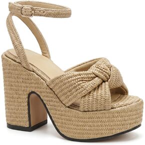 Women’s Raffia Platform Sandals with Cross Knotted Woven Upper, Open Toe Block Heel, Adjustable Ankle Strap Chunky Summer Heels for Vacation Party in Saudi Arabia