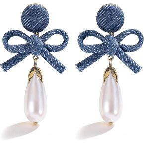 Denim Earrings Accessories Pearl Drop Bow Earrings Denim Shirt Dress Women Western Dress Country Concert Outfits Women in Saudi Arabia