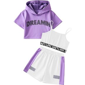Girl's Summer 3 Piece Outfits Graphic Crop Top and Camisole with Shorts Set in Saudi Arabia