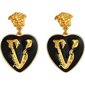 Gold Initial Heart Stud Earrings for Women, Black Enamel Heart Letter V Earrings, Vintage Style Statement Studs, Lightweight Fashion Jewelry Gift for Her in Saudi Arabia