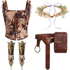 Twistover 4 Pcs Fairy Elf Renaissance Accessories Set Floral Vintage Renaissance Corset Medieval Belt Bag Gothic Lace Wristbands Gold Floral Headpiece Medieval Costume for Women Cosplay in Saudi Arabia