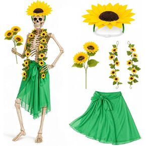 Yi-gog 5Pcs 12 Ft Skeleton Costume Set Halloween Skeletons Outfit Sunflower Headband Sunflower Vine Garlands Green Wrap Skirt Halloween Accessories in Saudi Arabia